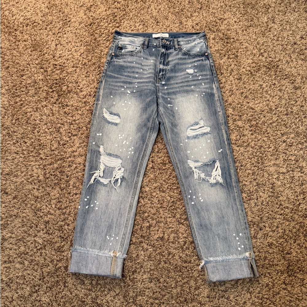 KanCan Light Blue Distressed Jeans with Paint Splatter